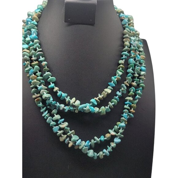 SK925 Turquoise Chip Necklace 80" Flapper Style Chunks Hand Knotted Thailand - Picture 3 of 15